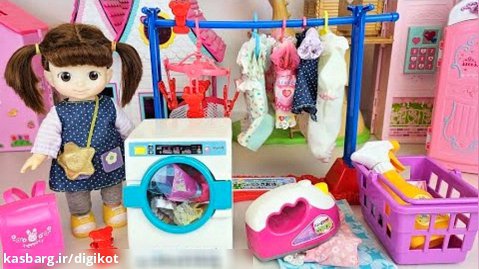 عروسک بازی دخترانه/داستان بازی اسباب بازی های خانه عروسک و ماشین لباسشویی