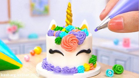 کیک مینیاتوری زیبای تکشاخ / تزئین کیک کوچک رنگین کمان