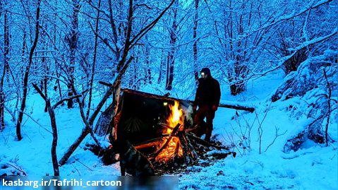 کمپینگ  انفرادی در زمستان و سرما _ آشپزی در آتش
