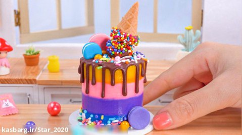 تزیین کیک شکلاتی بستنی مینیاتوری | طراحی کیک ریز رنگارنگ رضایت بخش