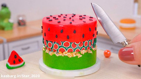 دستور تزیین کیک هندوانه ای مینیاتوری فوق العاده | آموزش طراحی کیک میوه ای