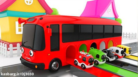 کارتون ماشین های رنگی داخل اتوبوس قرمز - ماشین پلیس , آمبولانس , آتش نشانی و ...