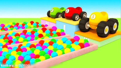 کارتون ماشین های رنگی : مسابقه پرش ماشین های کوچولو از روی استخر توپ