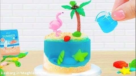 کیک ژله ای  تزیین کیک ژله ای جزیره ای مینیاتوری