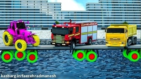 گیر افتادن ماشین آتش نشانی، کاماز و تراکتور در پل - کارتون قهرمانان شهر چرخ