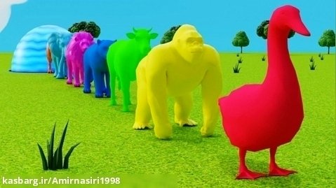 بازی رنگ و حیوانات فیل، کارتون اردک، گوریل، دایناسور، گاو فواره