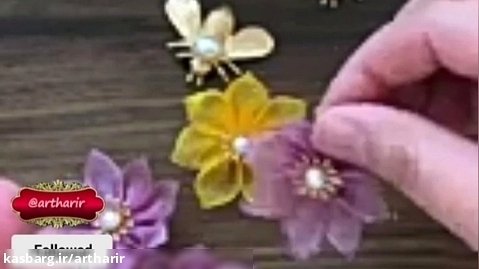 آموزش رباندوزی گل روبانی گل ۵پر با ربان ribbon embroidery گل مونتاژی با ربان